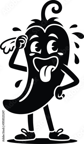 A cartoon chili pepper character with a sweaty and happy expression