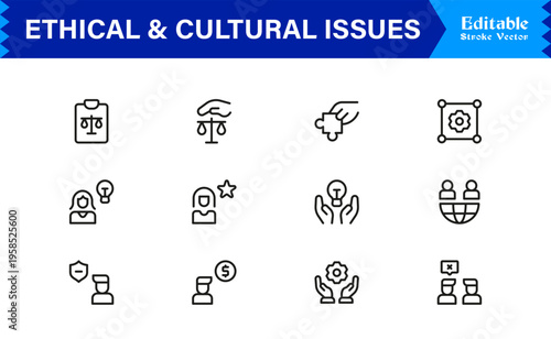 Premium Ethical And Cultural Issues Line Icon Collection With Clean Minimal Modern Style And Unique Editable Vector Icons For Thoughtful Representation And Clarity