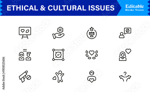 Premium Ethical And Cultural Issues Line Icon Collection With Clean Minimal Modern Style And Unique Editable Vector Icons For Thoughtful Representation And Clarity
