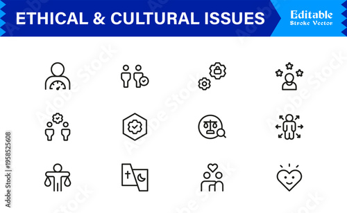 Premium Ethical And Cultural Issues Line Icon Collection With Clean Minimal Modern Style And Unique Editable Vector Icons For Thoughtful Representation And Clarity