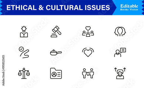 Premium Ethical And Cultural Issues Line Icon Collection With Clean Minimal Modern Style And Unique Editable Vector Icons For Thoughtful Representation And Clarity