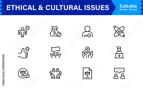 Premium Ethical And Cultural Issues Line Icon Collection With Clean Minimal Modern Style And Unique Editable Vector Icons For Thoughtful Representation And Clarity