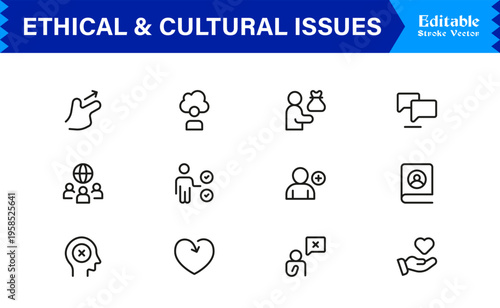 Premium Ethical And Cultural Issues Line Icon Collection With Clean Minimal Modern Style And Unique Editable Vector Icons For Thoughtful Representation And Clarity