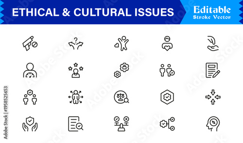 Premium Ethical And Cultural Issues Line Icon Collection With Clean Minimal Modern Style And Unique Editable Vector Icons For Thoughtful Representation And Clarity