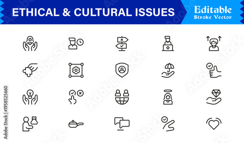 Premium Ethical And Cultural Issues Line Icon Collection With Clean Minimal Modern Style And Unique Editable Vector Icons For Thoughtful Representation And Clarity