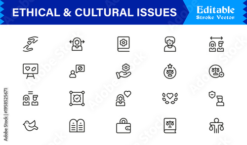 Premium Ethical And Cultural Issues Line Icon Collection With Clean Minimal Modern Style And Unique Editable Vector Icons For Thoughtful Representation And Clarity
