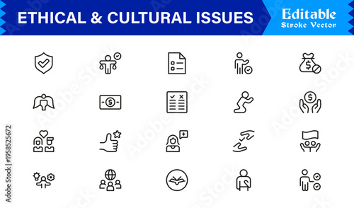 Premium Ethical And Cultural Issues Line Icon Collection With Clean Minimal Modern Style And Unique Editable Vector Icons For Thoughtful Representation And Clarity