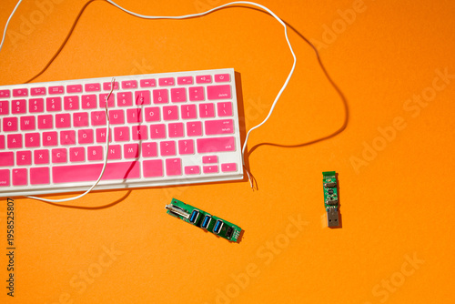 Pink keyboard with broken cable, USB flash drive and chip on mustard orange background, flat lay