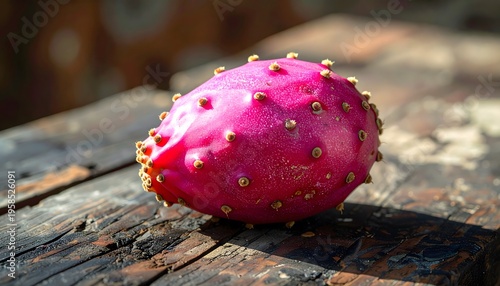 Single vibrant pink prickly pear fruit or opuntia cactus fruit on a rustic wooden table.