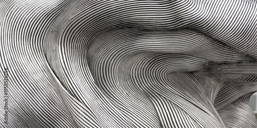 An abstract metallic wallpaper design featuring a 3d close up of a hand touching a gray steel spiral pattern with light lines and motion curves in a technology tunnel backdrop