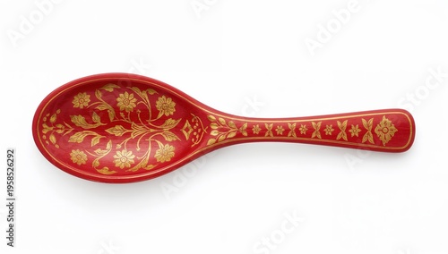 Russian lacquered wooden spoon with red and gold handpainted floral designs traditional decorative kitchen utensil isolated