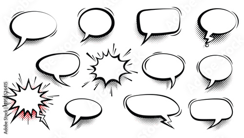 Dynamic set of comic book style speech bubbles and bursts featuring halftone dots and sharp outlines on a plain white background.
