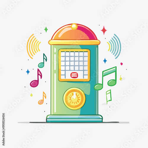 Retro Jukebox Playing Music with Colorful Notes and Sparkles.