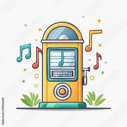 Retro Jukebox with Musical Notes Illustration.