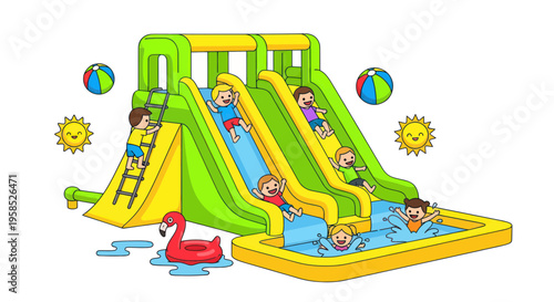 Children Enjoying Inflatable Water Slide Fun