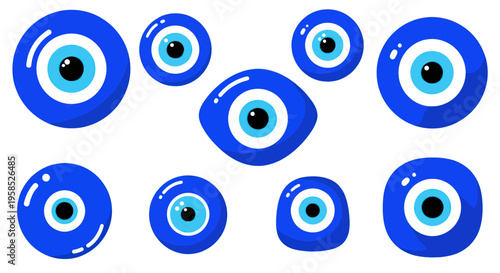 Collection of blue evil eye charms, protection symbols, good luck talismans
