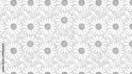 Detailed black and white seamless pattern of daisy flowers with intricate petal textures for elegant floral backgrounds.