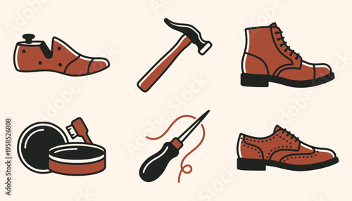 Vintage shoemaker tools and leather footwear collection icons