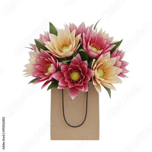 Bouquet of pink and yellow flowers in a gift bag