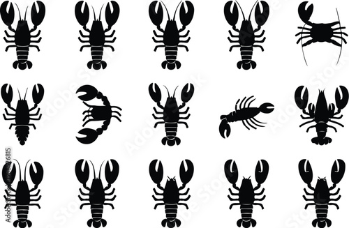 Lobster Silhouette Icon Collection Set