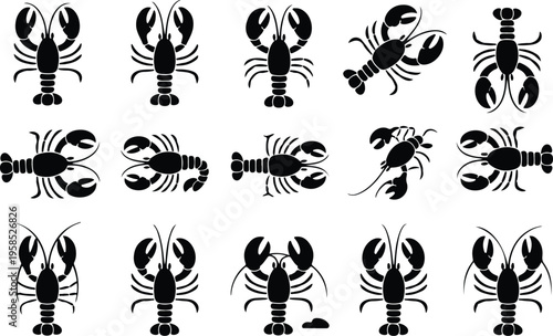 Lobster Silhouette Icon Collection Set