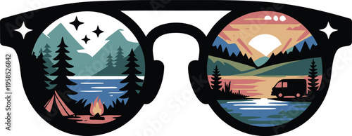 A vector graphic illustration of sunglasses with scenic landscapes reflected in the lenses