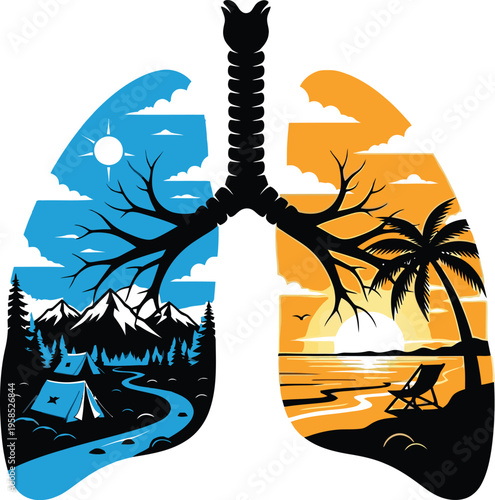 A vector graphic illustration of lungs with contrasting landscapes inside each lobe