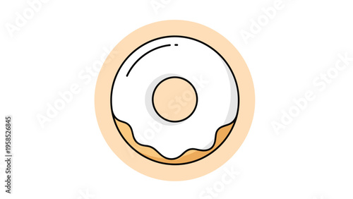 Delicious glazed donut with white cream frosting and chocolate outlines over a soft peach circular background on white.