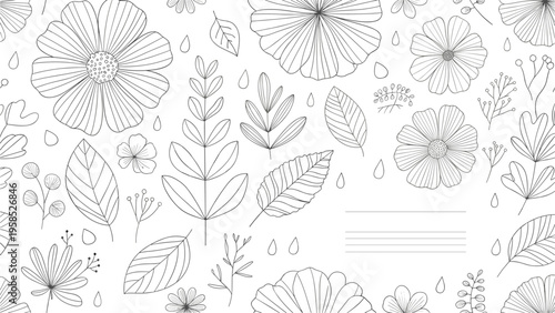 Black and white hand-drawn botanical pattern with delicate flowers, leaves, and a dedicated space for message notes on the right.