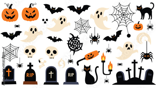 Large collection of Halloween icons featuring pumpkins, ghosts, bats, graves, and black cats on a white background for holiday designs.
