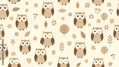 Cute seamless pattern with adorable cartoon owls, small trees, flowers, and autumn leaves in a warm brown and cream color palette.