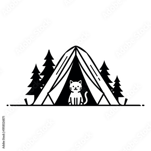 Cute Cat Sitting Inside Tent with Trees Adorable Camping Pet Illustration Isolated on white background