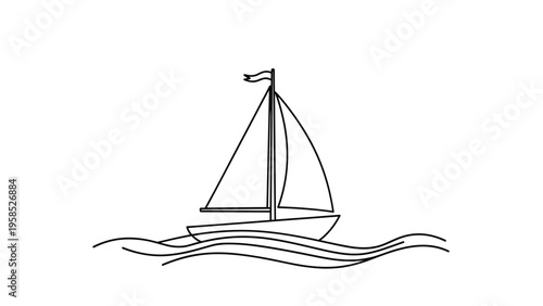 Simple black line drawing of a sailboat with its sails full of wind traveling across the wavy ocean on a white background.