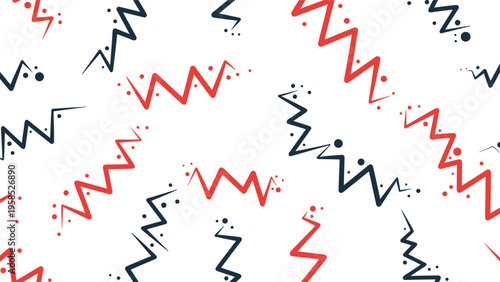 Modern abstract seamless pattern with red and dark blue zigzag lines and scattered dots on a clean white background for textiles.