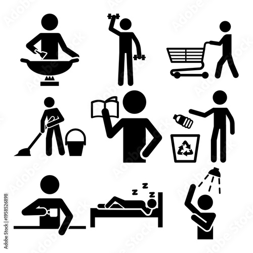 Generic stickman character daily activities icon set