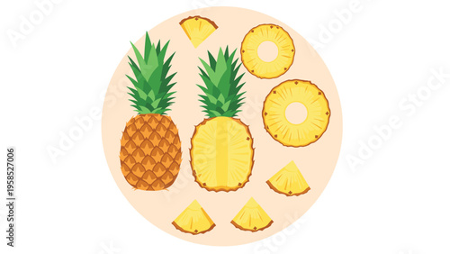 Fresh pineapple illustration set including a whole fruit, a vertical half, slices, and chunks arranged on a soft peach circular background.