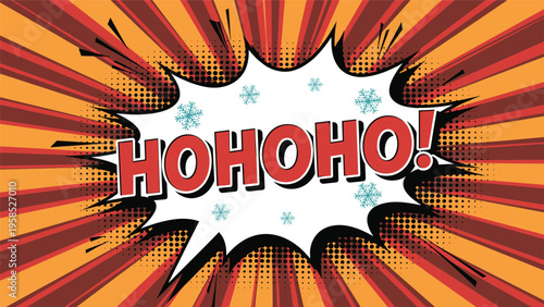Festive Christmas themed comic explosion with hohoho text, snowflakes, and rays in warm orange, red, and brown tones for holiday designs.