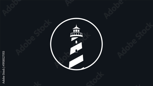 Simple white lighthouse icon with striped tower and light beam enclosed in a circle on a dark navy blue background for navigation.