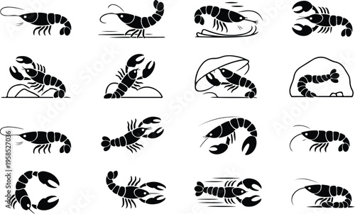 Lobster Silhouette Icon Collection Set