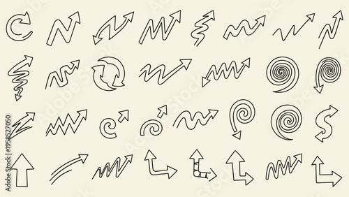 Large collection of diverse hand drawn arrow doodles in black ink showing various directions, curves, spirals, and zigzag shapes on cream.
