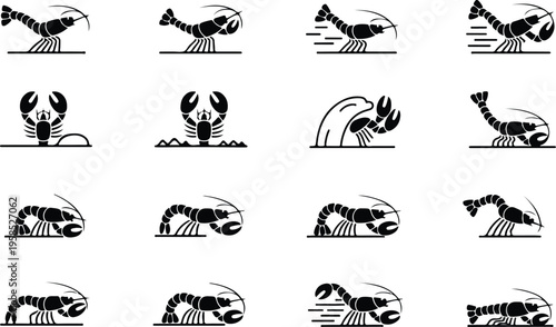 Lobster Silhouette Icon Collection Set