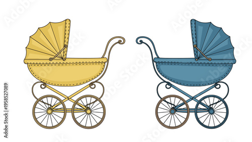 Pair of vintage style baby strollers in yellow and blue colors with detailed wheels and ornate handles on a clean white background.