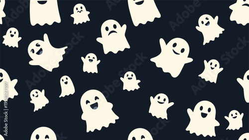 Spooky and fun seamless Halloween pattern featuring various cute cartoon ghosts with different expressions on a dark navy background.