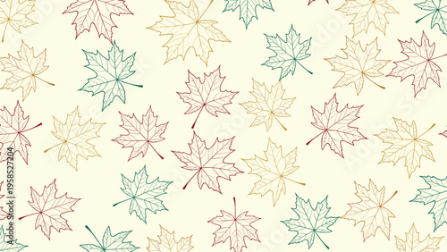 Autumnal seamless pattern featuring hand drawn maple leaves in various shades of red, green, and yellow on a soft cream background.