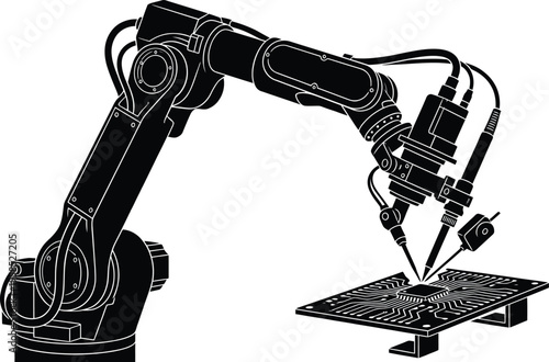 Industrial robotic arm performing precision milling or drilling operation on a flat surface.
