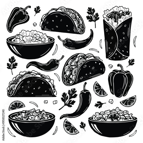 Black and white illustration of mexican food and ingredients