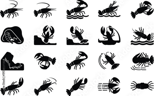Lobster Silhouette Icon Collection Set
