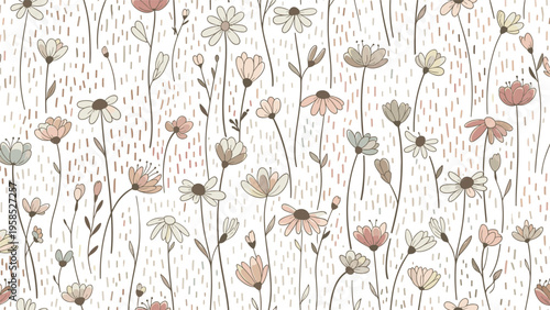 Soft seamless floral pattern with small hand drawn wildflowers and grasses in muted pastel colors on a white textured background.