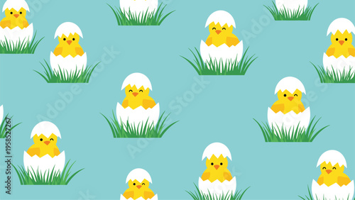 Cute Easter themed seamless pattern with small yellow chicks hatching from white eggshells on green grass over a blue background.