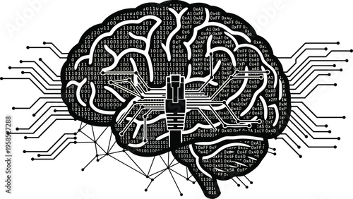 Neural networks and binary code intertwined with a brain structure